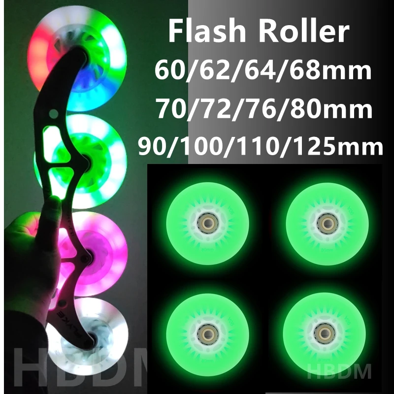 4pcs Green Flash Inline Skate Wheels LED Roller Wheels 60/62/64/68/70/72/76//80/90/100/110/125mm Speed Skates Accessories