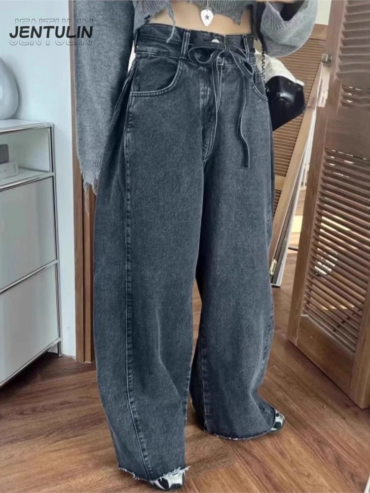 High Waist Retro Bell Bottom Jeans Women's Autumn New Style Chic Side Pleated Slimming Splicing Frayed Denim Pants Long Trousers
