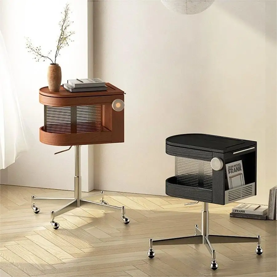 Solid wood retro lifting rotating bedside table removable sofa side cabinet vinyl record