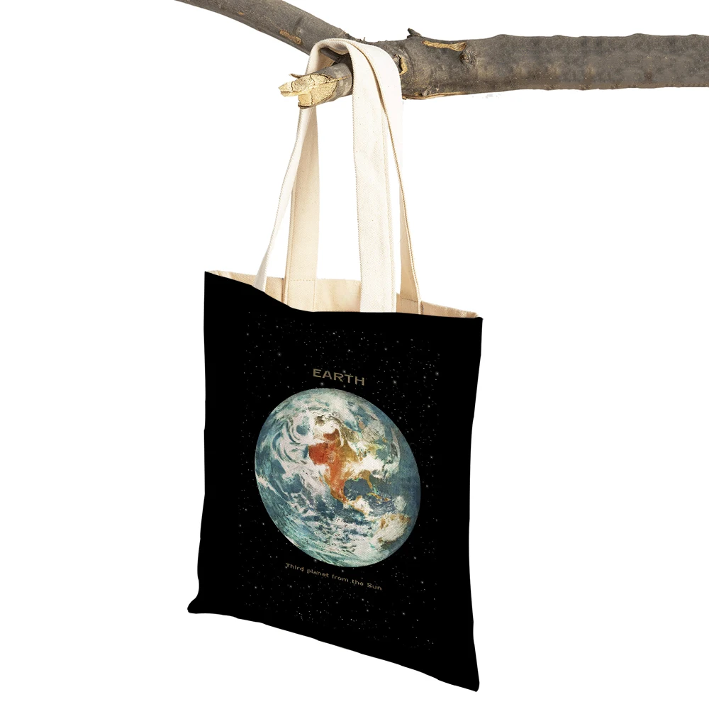 Canvas Astronaut Skateboard Rocket Moon Space Cartoon Lady Tote Handbag Women Shopping Bags Fashion Supermarket Shopper Bag