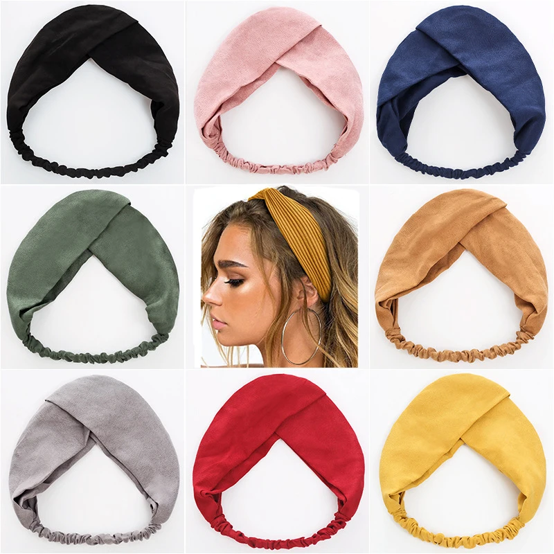 Kreuz-Turban, einfarbige Stirnbänder für Frauen, gedrehte, geknotete Boho-Wildleder-Haarbänder für Mädchen, süße Schleifen-Kopfbedeckung, Vintage-Haaraccessoires