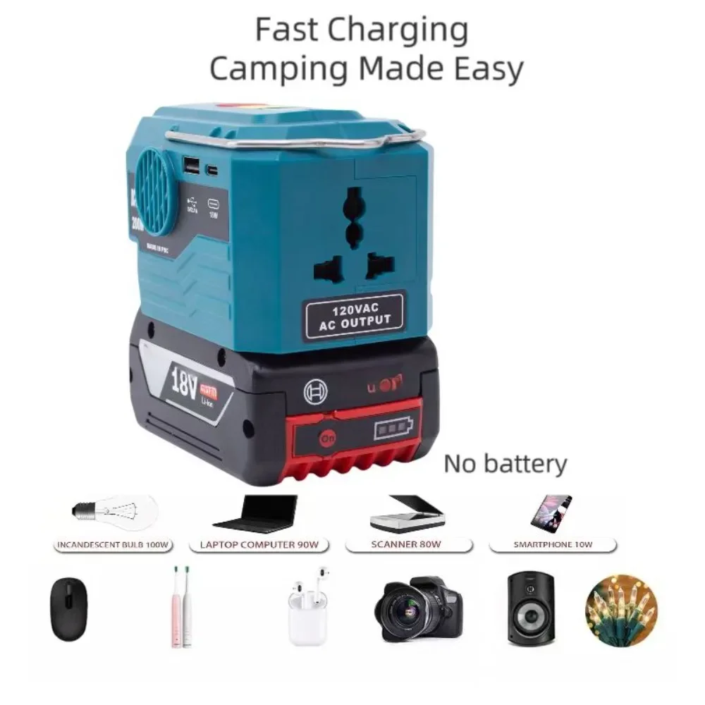 

200W Wireless Portable Power Inverter Power Station AC-DC For Bosch 18V Battery With USB C-type And Socket Port(﻿Tool Only）