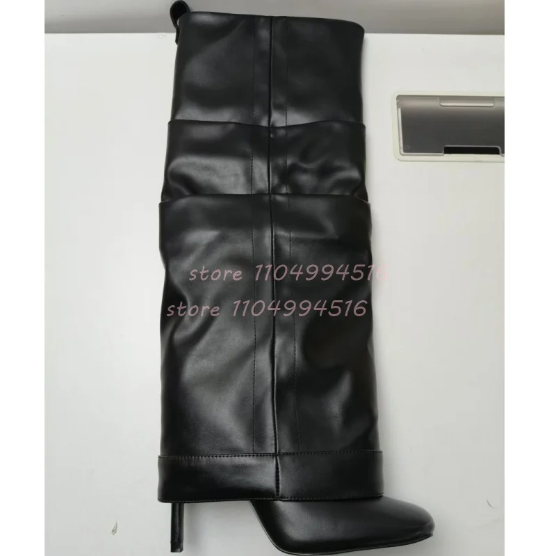 

Brown Suede Square Toe Pleated Stiletto Boots Women Black Leather Turned Over Edge Knee High Boots Fashion Winter Party Shoes