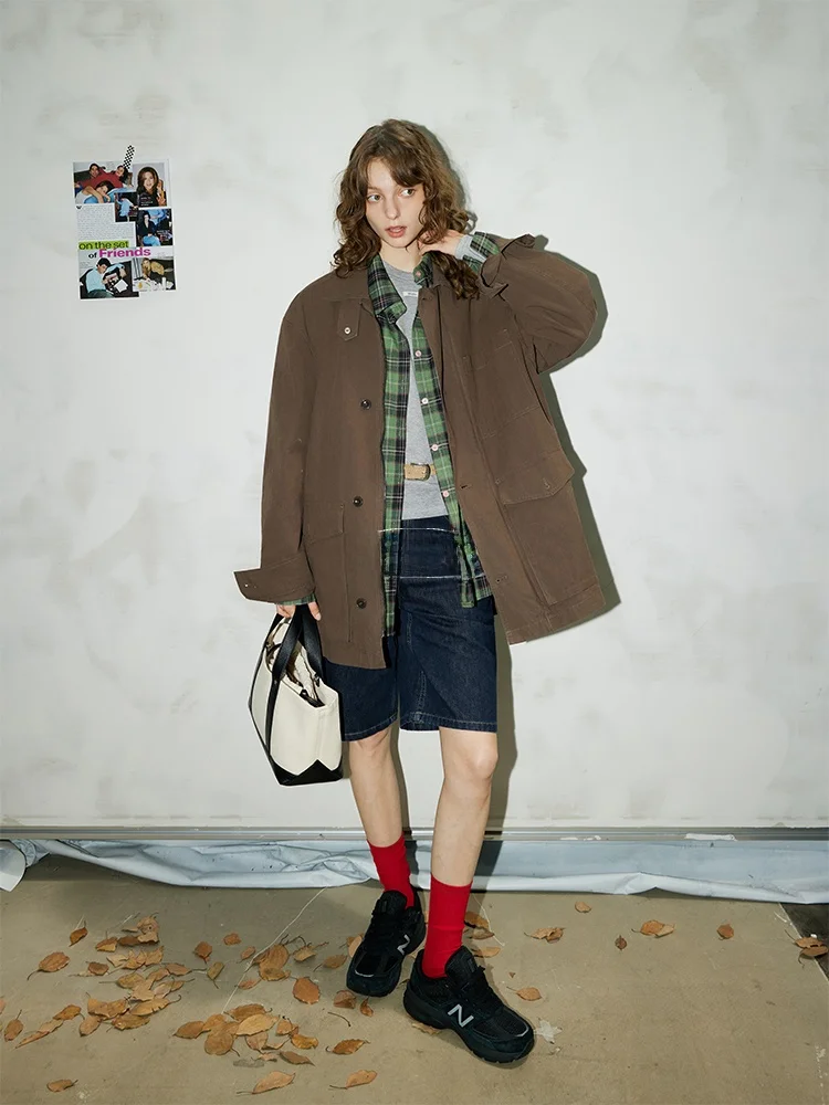 

BMLT Retro Cotton lin Coat Button up Loose Casual Stand Collar Long Sve mid Length Simple Sle Women's Spring Autumn