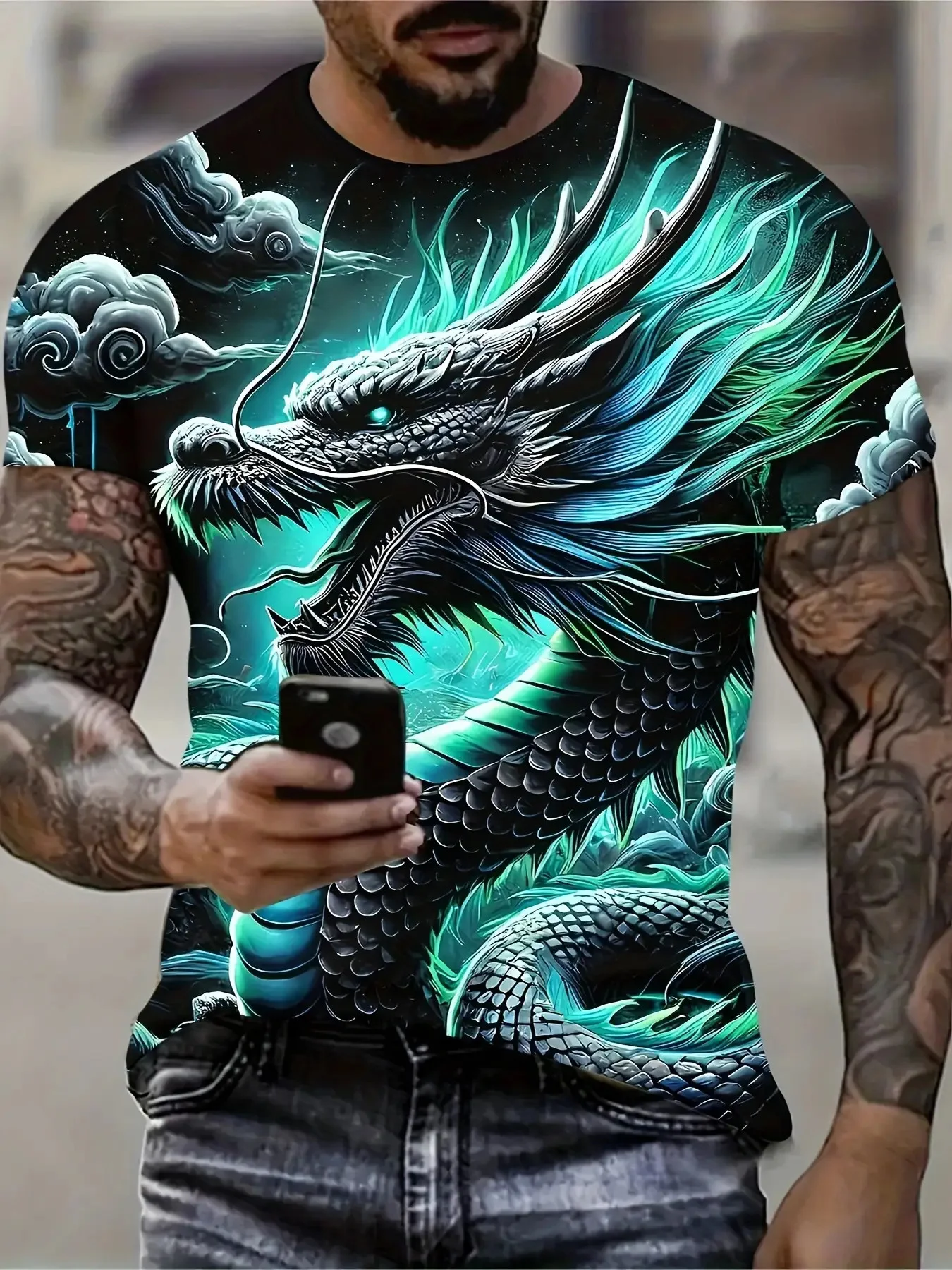 

Men'S 3D Dragon Print T-Shirt Turquoise & Chinese Dragon Design Oversized Men's Clothing Breathable Round Neck Short Sleeve Tee