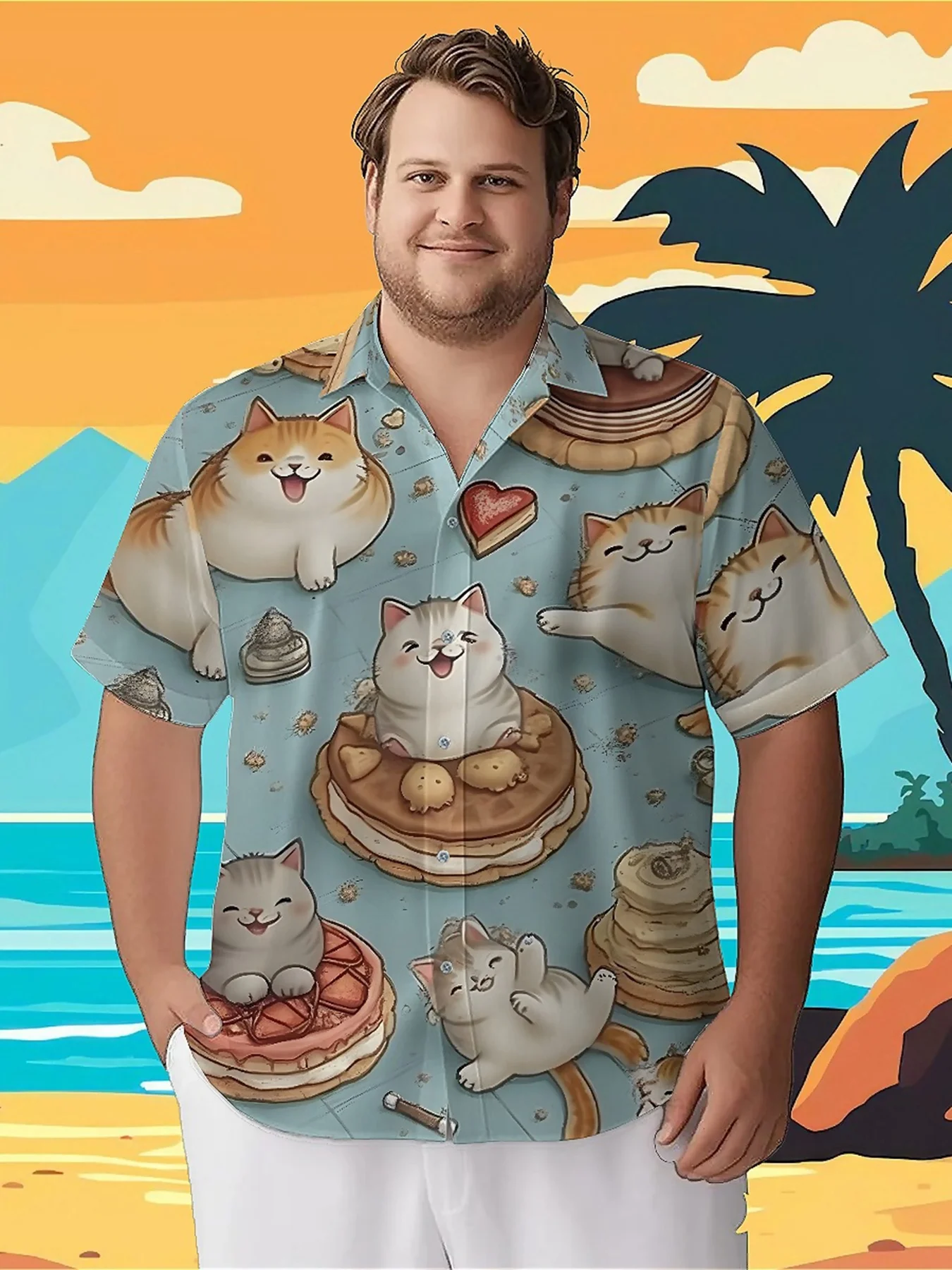 

Men's Plus Size Hawaiian ShirtsCute Cat Dessert Themepattern, Button Up Shirts, Unisex Casual Clothing, Summer Tops