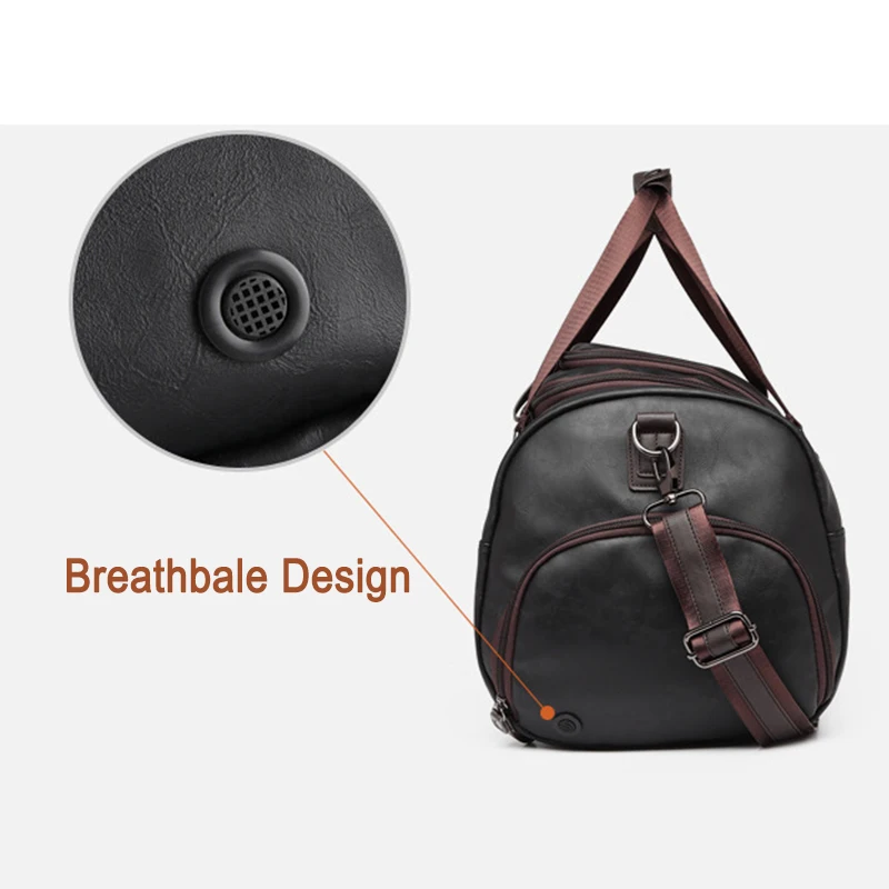 PU Leather Large Capacity Men Fitness Bag Dry Wet Separation Travel Bag Waterproof Crossbody Shoulder Bag with Shoe Compartment