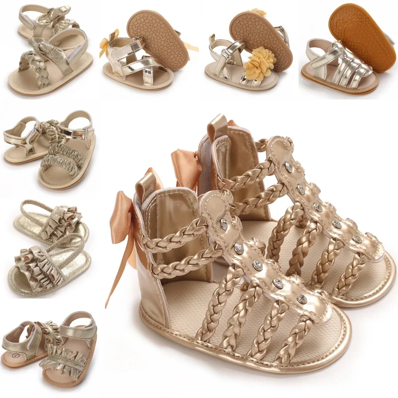 Fashionable gold baby girl shoes summer casual Roman hollow sandals soft sole comfortable and non slip walking shoes