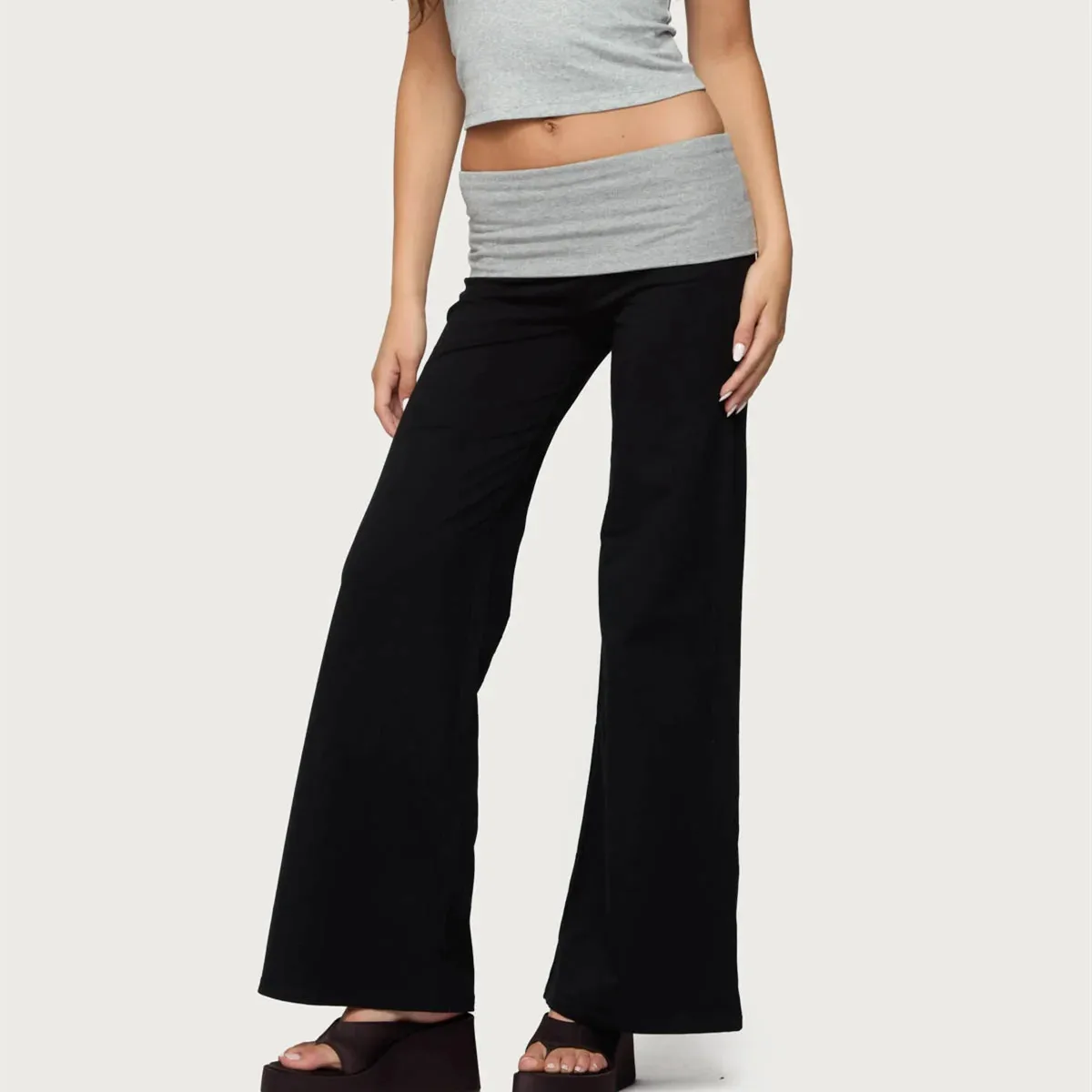 Fold Over Yoga Pants for Women Low Rise Straight Leg Sweatpants Y2k Solid Color Stretchy Loose Gym Lounge Leggings