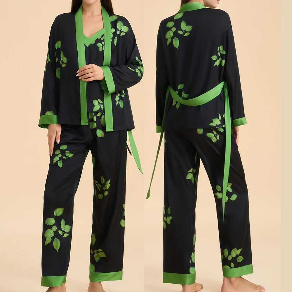 Flower Print 3PCS Cardigan++Sling+Trouser Pajamas Set Female Sleepwear Spring New Women's Nightwear Sexy Silky Satin Loungewear