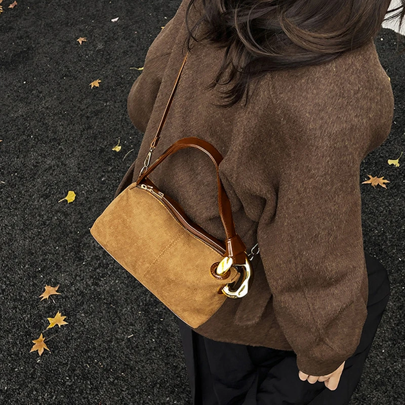 Grey Brown Soft Matte Suede Leather Women's Handbag Shoulder Bag Simple Autumn Winter Collection Roomy Big Boston Tote