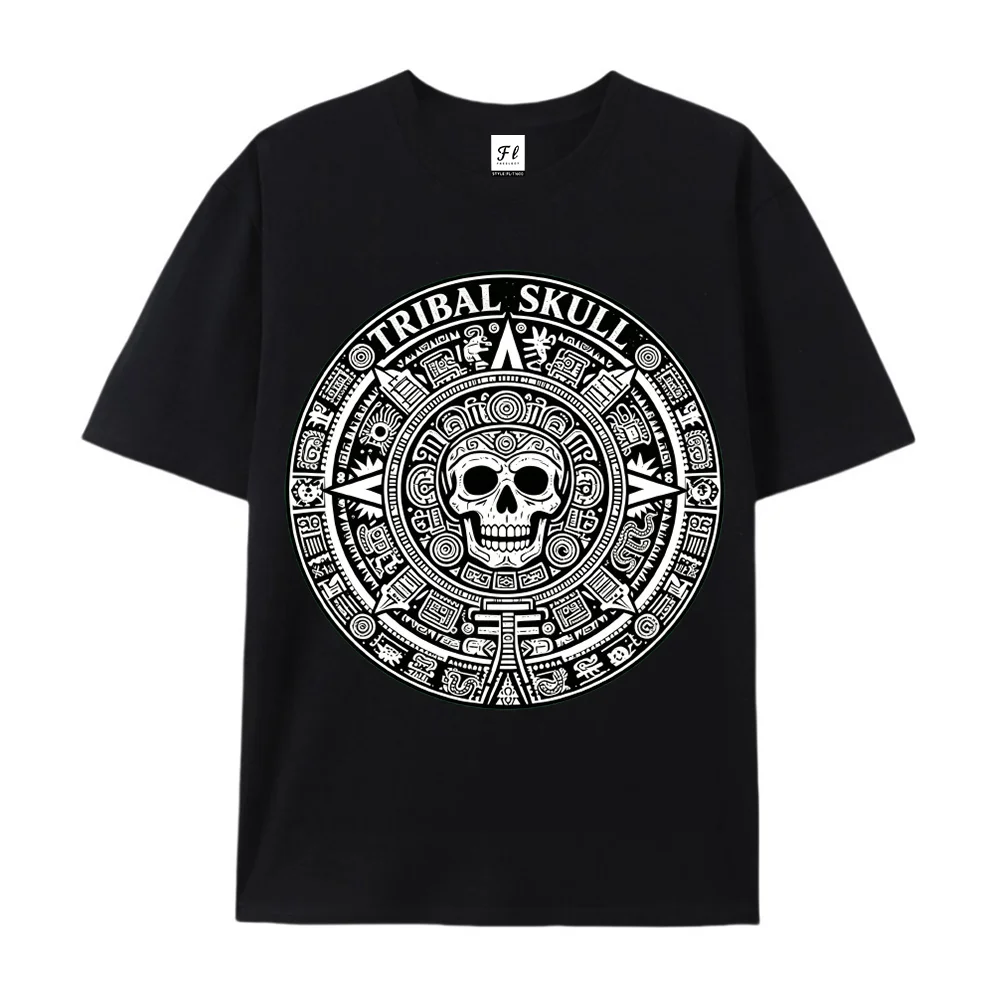 Men Women Tribal Skull Aztec Calendar Graphic Black T Shirt Vintage Retro Streetwear Tee