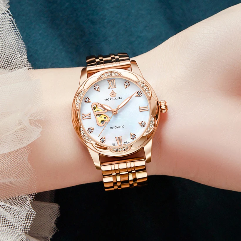 Automatic Women Watch Mother of Pearl Cutout Dial & Rhinestones Luxury Rose Gold Stainless Steel Band Lady Mechanical Wristwatch