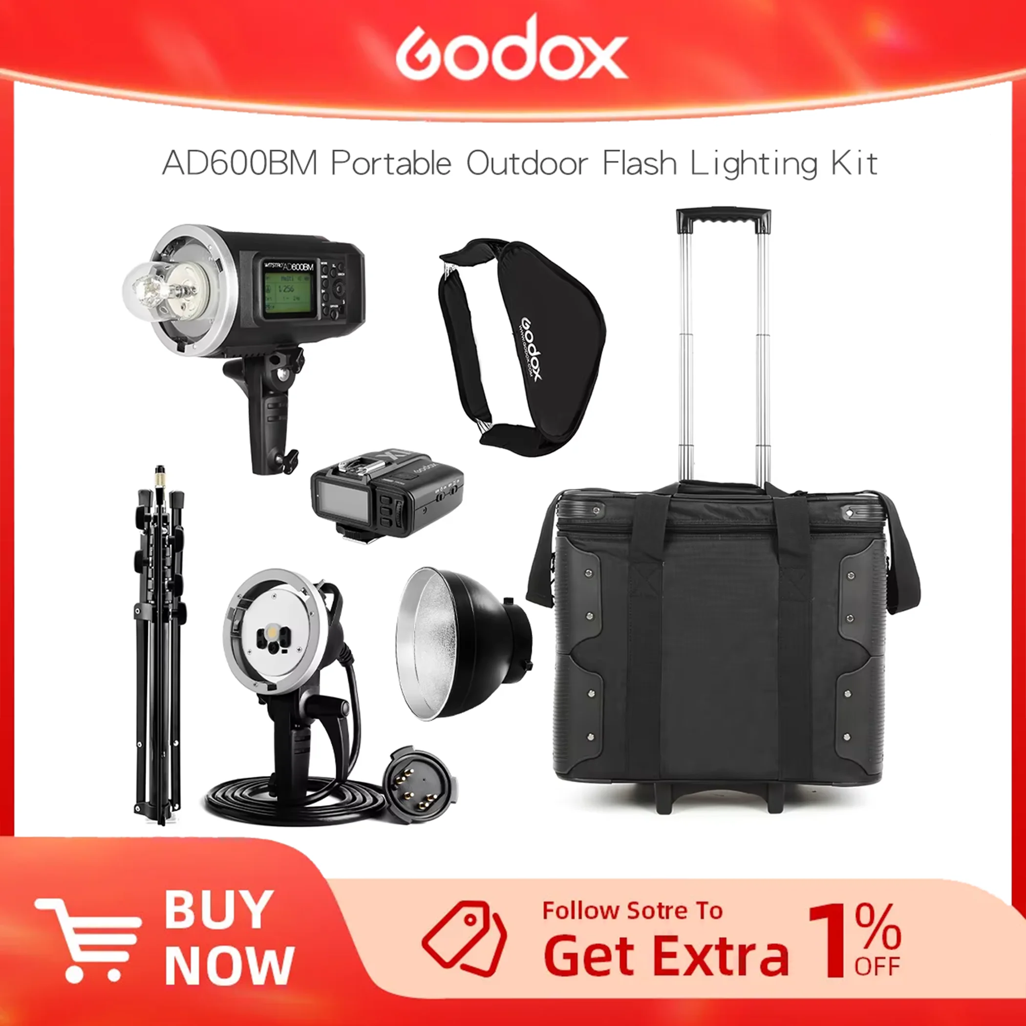 Godox AD600BM 600Ws HSS GN87 Bowens Mount Flash Light + X1 Transmitter,AD-H600B Head,Light Stand,Draw-Bar Carry Bag