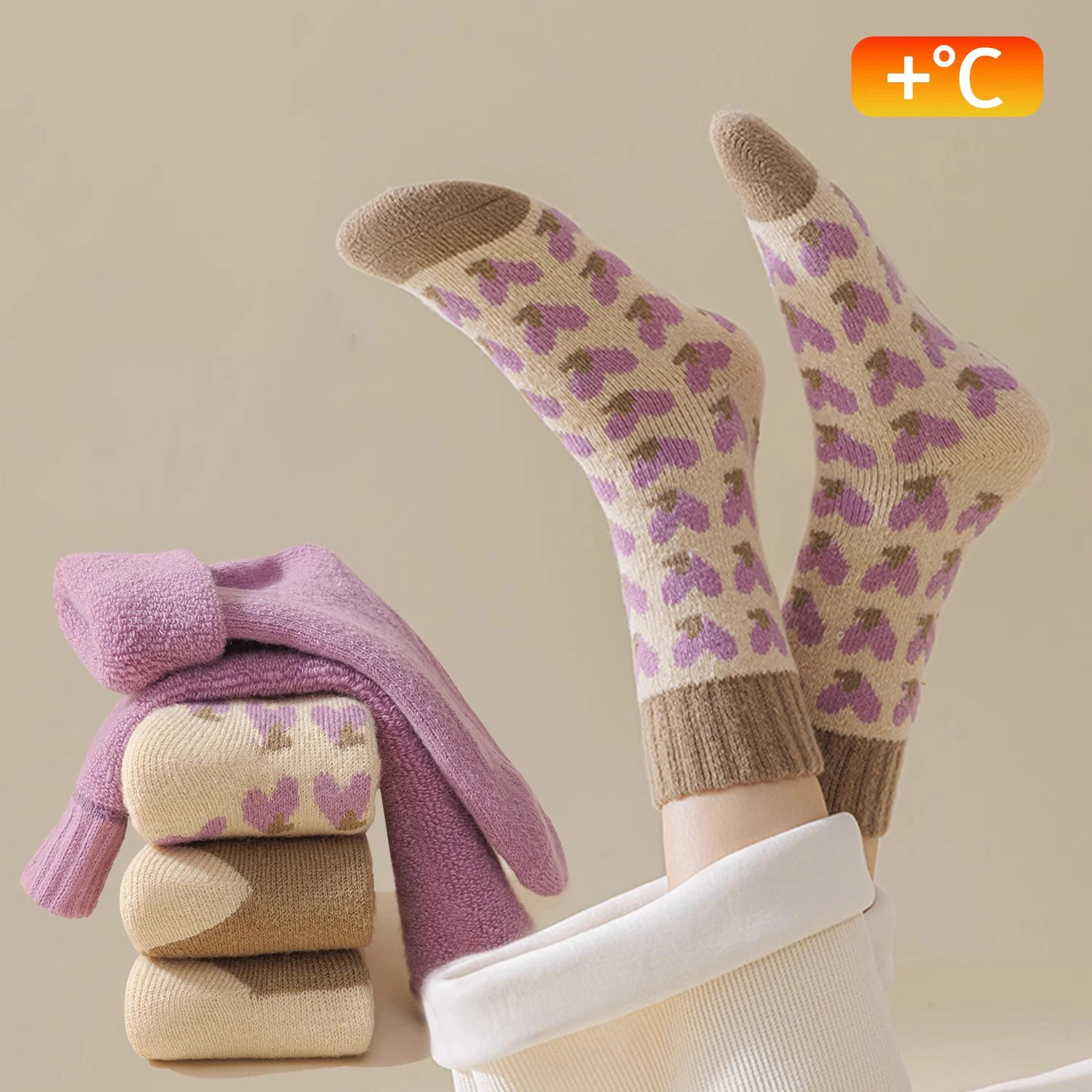 5 أزواج الجوارب النسائية سميكة الدافئة مريحة لينة جوارب يمكن السير بها على الأرض لفتاة حزمة الأرجواني الحب الحلو لطيف الأوسط جوارب أنبوبية