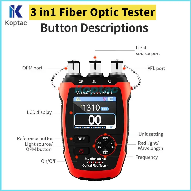 

NF-919 New 3 in1 OPM Fiber Optic Tester Visual Fault Locator 10mw VFL Power Meter Strong Light Soure Rechargeable FTTH