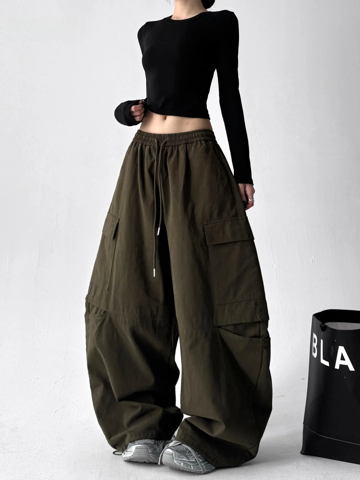 

High Waist Military Green Workwear Pants Women's Street Dance Casual Pants Autumn New Style Wooden Yuzi Cotton Stretch Fabric