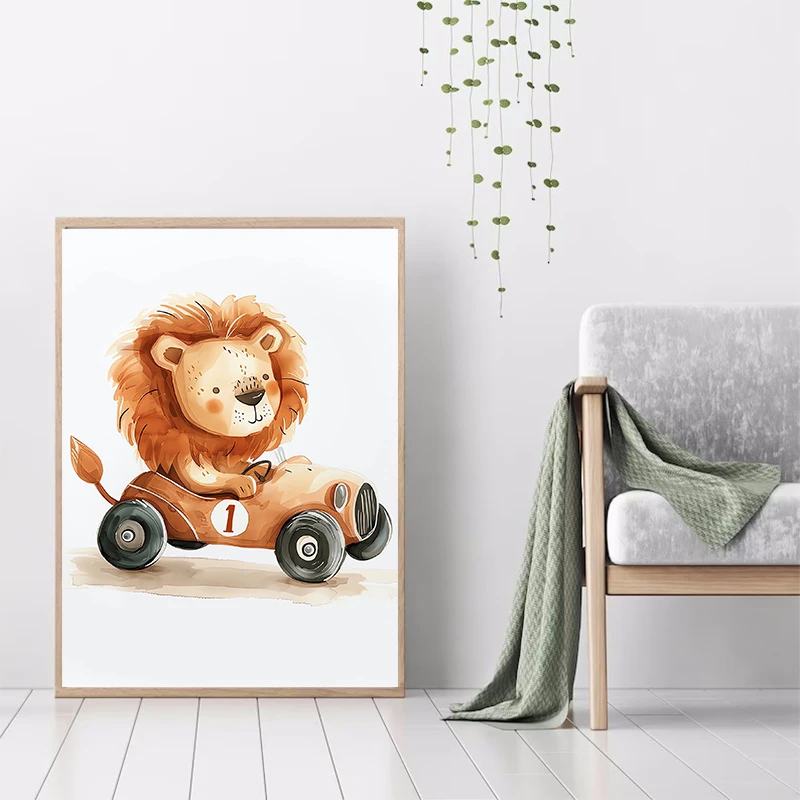 Watercolor Elephant Giraffe Lion Zebra Bear in Car Animal Poster Canvas Painting Print Nursery Wall Art Kids Room Home Decor