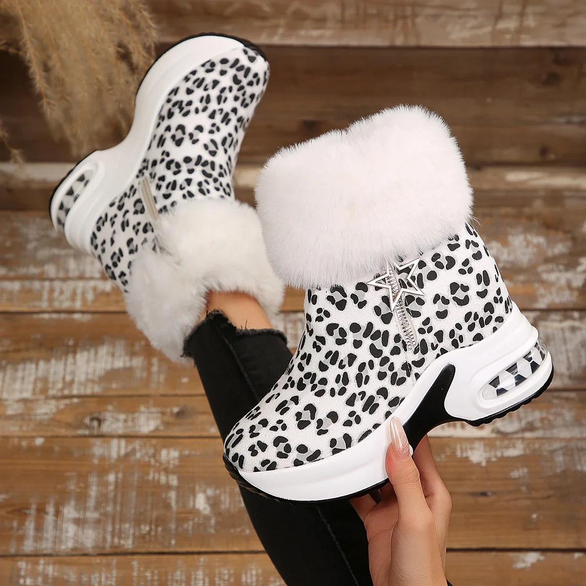 Women Single Boots Winter New Thick-soled Leopard Print Frosted Zipper Cotton Boots Casual Comfort Warm Elevating Snow Boots