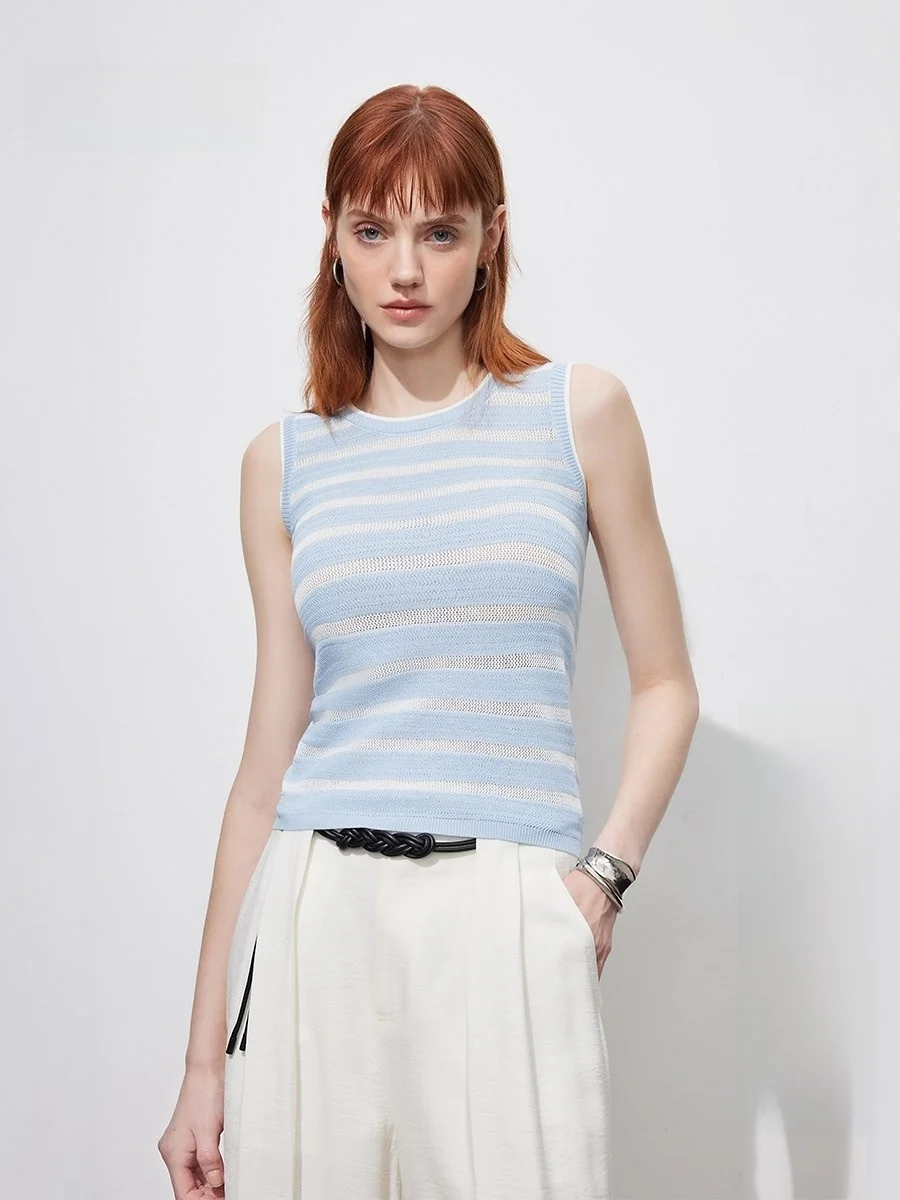 

Весна 2026: Женский вязаный жилет без рукавов с круглым вырезом, в полоску, с цветовыми блоками, повседневный, модный, удобный крой, стильный дизайн выреза горловины