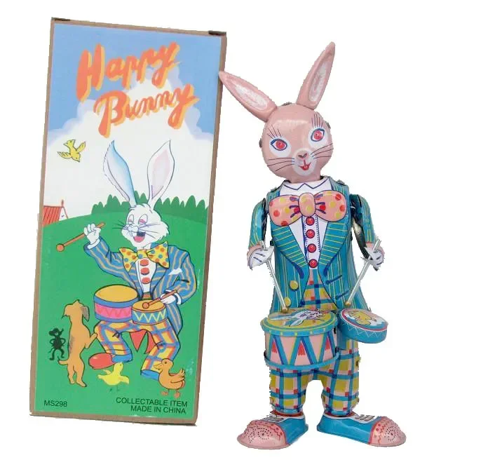 [Funny] Classic collection Retro Clockwork happy bunny rabbit Wind up Metal Walking Tin play drum rabbit robot Mechanical toy