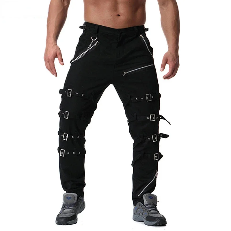 

Mens Black Hip Hop Rock Punk Gothic Pants 2024 Fashion Cotton Casual Hiking Riding Cargo Buckle Zips Chain Strap Trousers