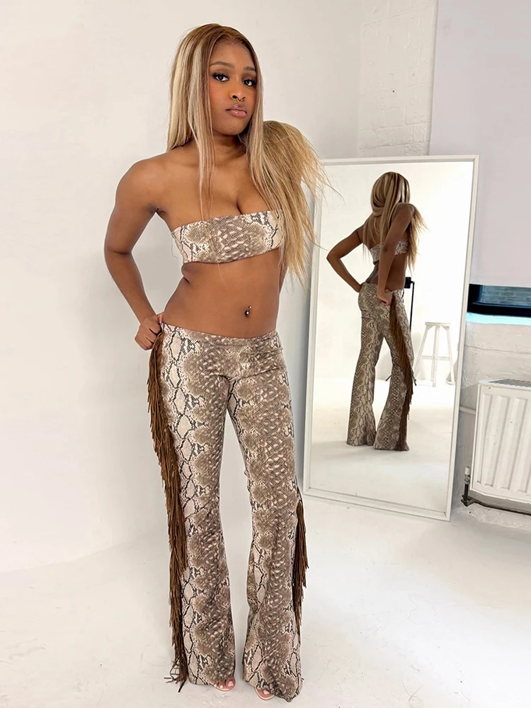 Kliou Serpentine Print 2 Piece Set Woman Sexy Wrap Chest Backless Crop Tops+Tassel Decoration Long Pants Street Wild Style Suits