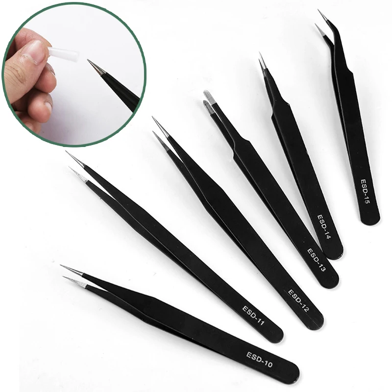 Industrial Tweezers Stainless Steel Anti-static Precision ESD Sharp Curved Tweezers Soldering Electronic Components Repair Tools