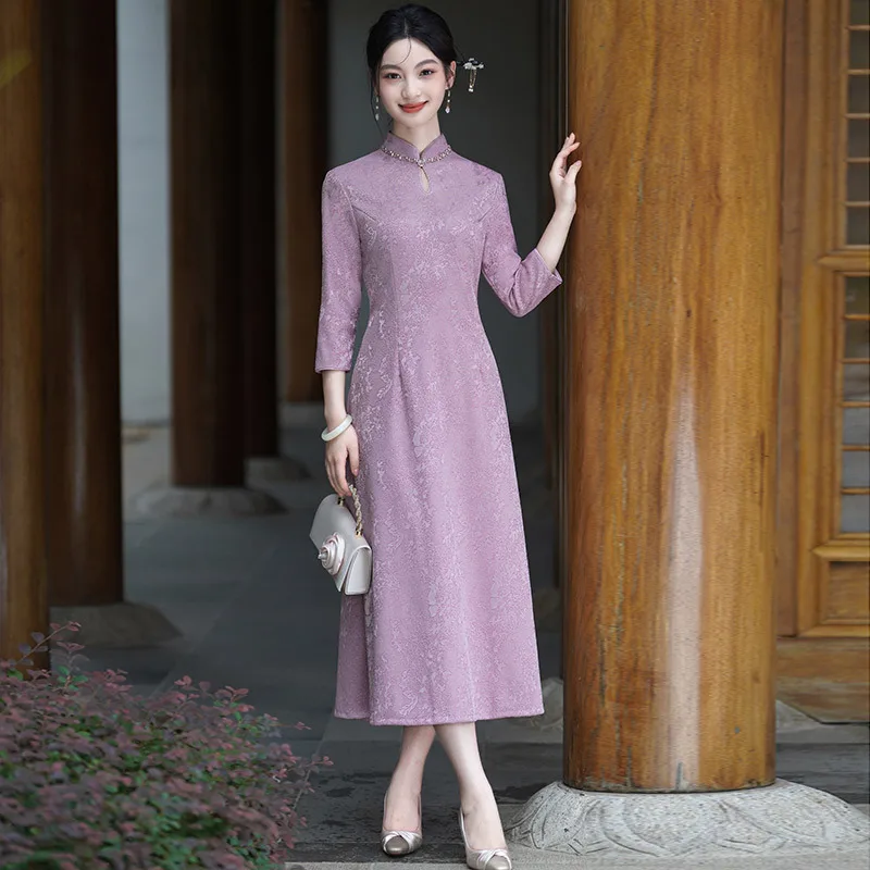 

Purple National Style New Chinese Long Sleeved Cheongsam 2025 New Women's Retro Dress Autumn and Winter Qipao Dress