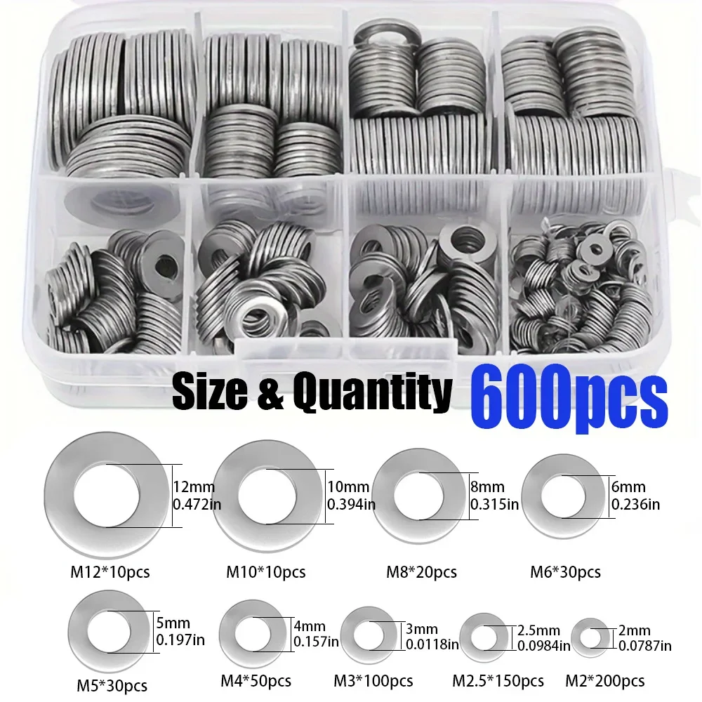 600-Piece Stainless Steel Flat Washer Set (M2 - M12) for Home, Industrial Repair, and Outdoor Construction Maintenance.