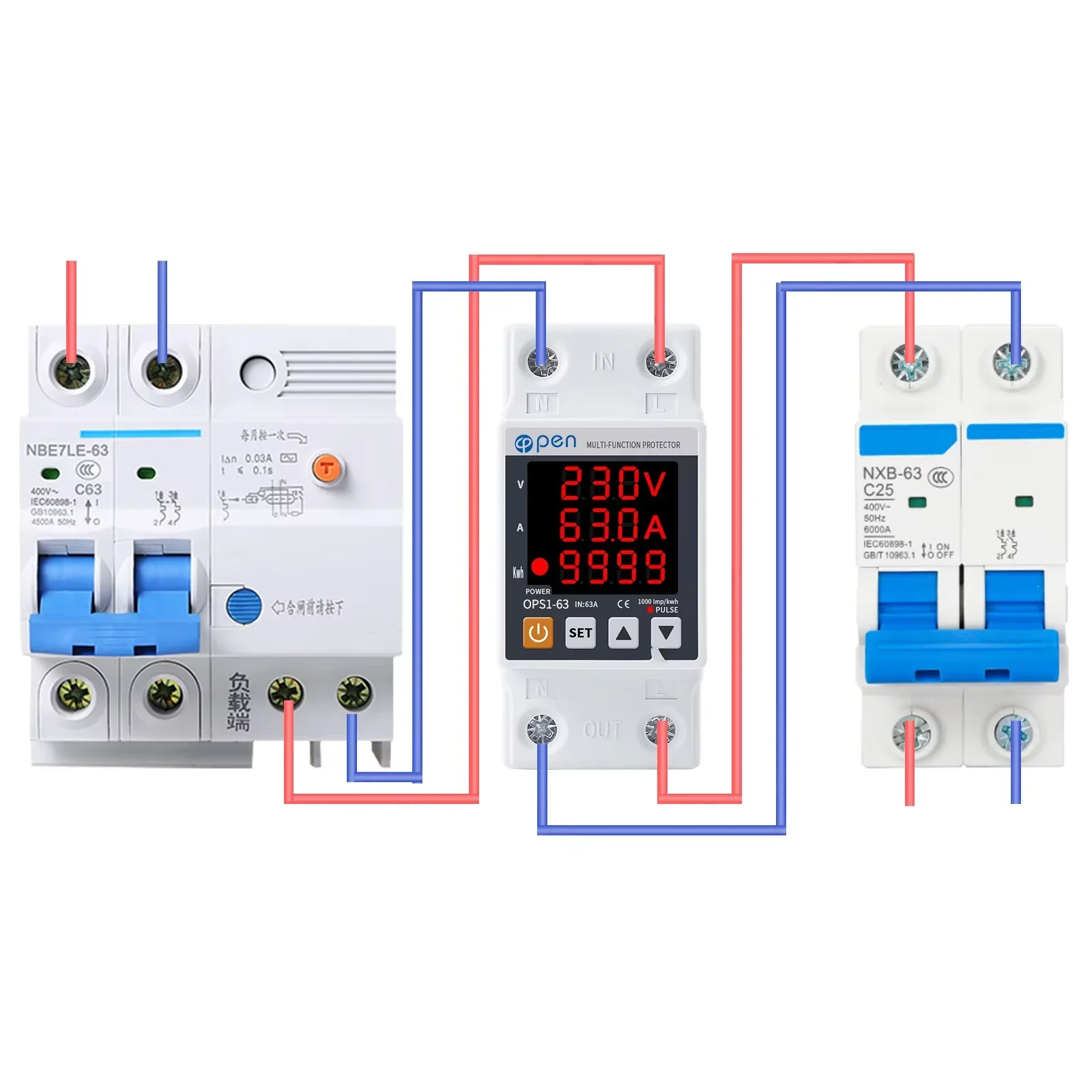 Din Rail Dual Display Adjustable Over Voltage Current Monitor Current Limit Device Under Voltage Protector Relay 40A 63A 80A 230