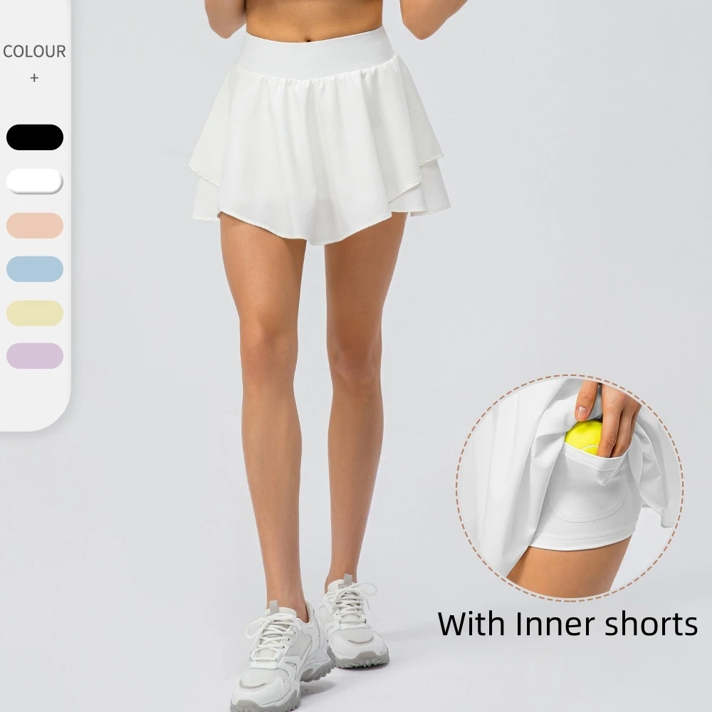 Tennis Skirt Pleated Skorts for Woman Double Ruffle Golf Skirts Women Skort with Pockets Tummy Control Athletic Running Shorts