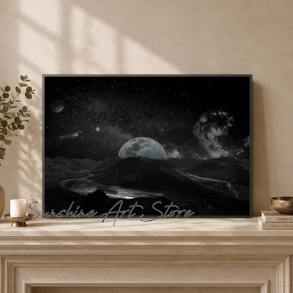 The Moon At Night Astronomy Poster Fantasy Moon Mountain Stars River Living Room Home Decor Canvas Painting Wall Pictures Decor