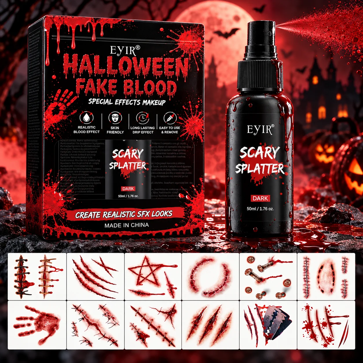 EYIR Halloween Fake Blood Spray 50ml with 12 Scar Tattoo Stickers SFX Makeup Kit for Cosplay Horror Costume Party Face Body