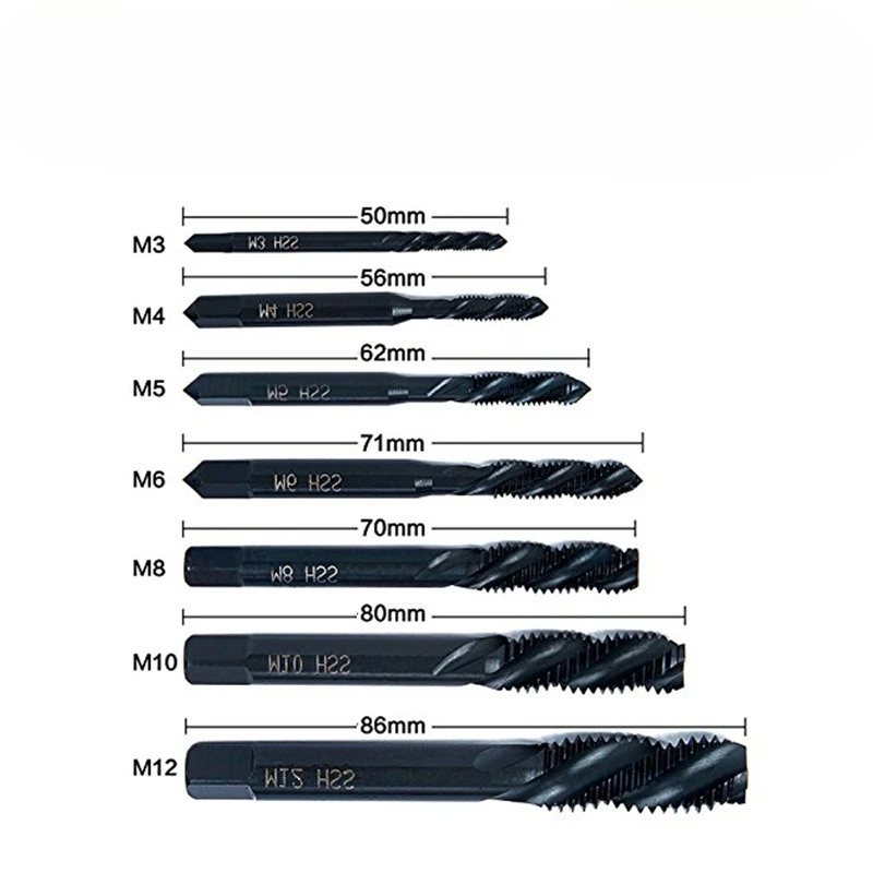 

7pcs High-speed Steel 6542 Nitrided Spiral Groove M3-M12 Machine Tap Set Thread Tapping and Easy Chip Removal Tool