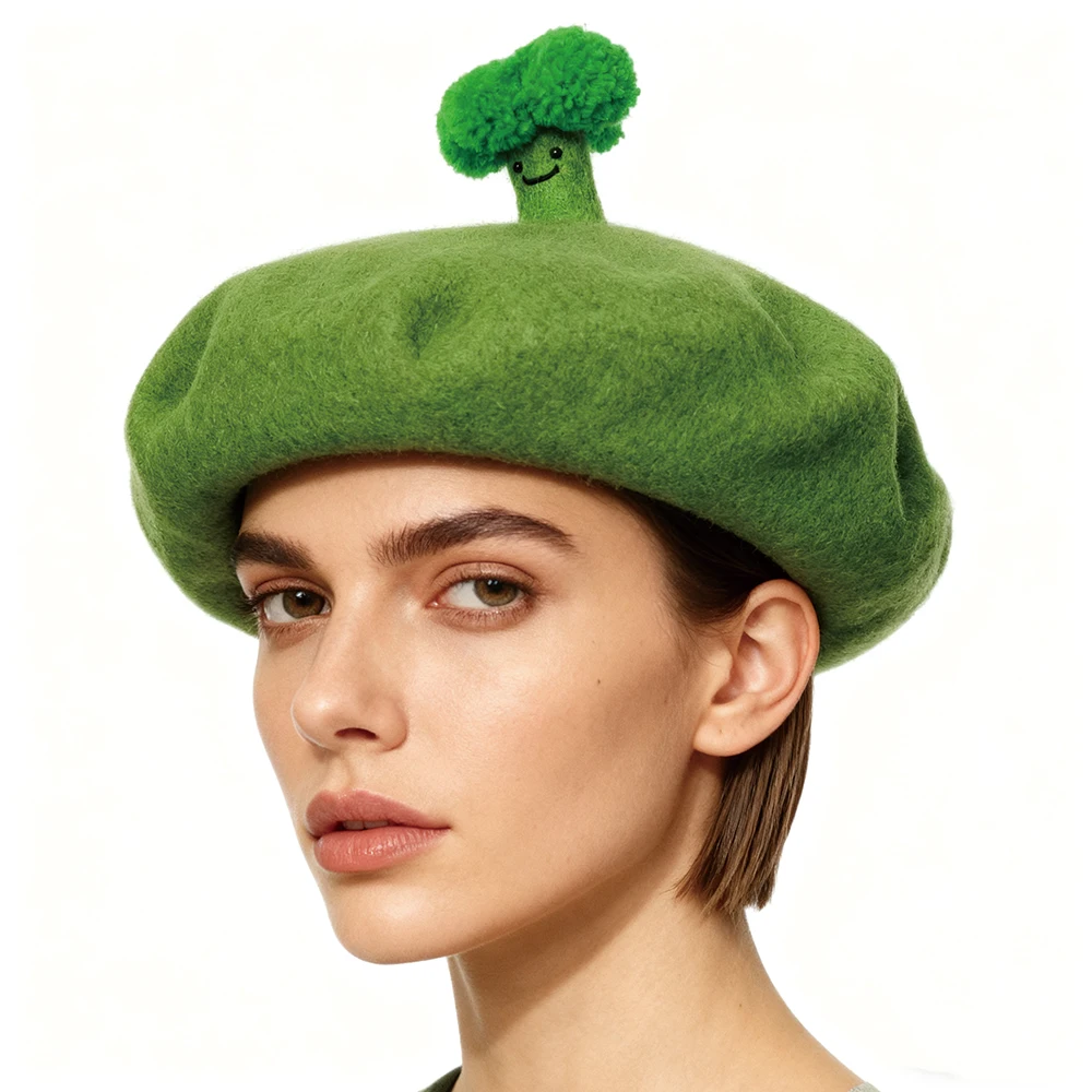 Broccoli Wool Women's Beret DIY Lovely Party Gift Original Design Handmade Hat Rabbit Ear Beret Fashion Artist Hat