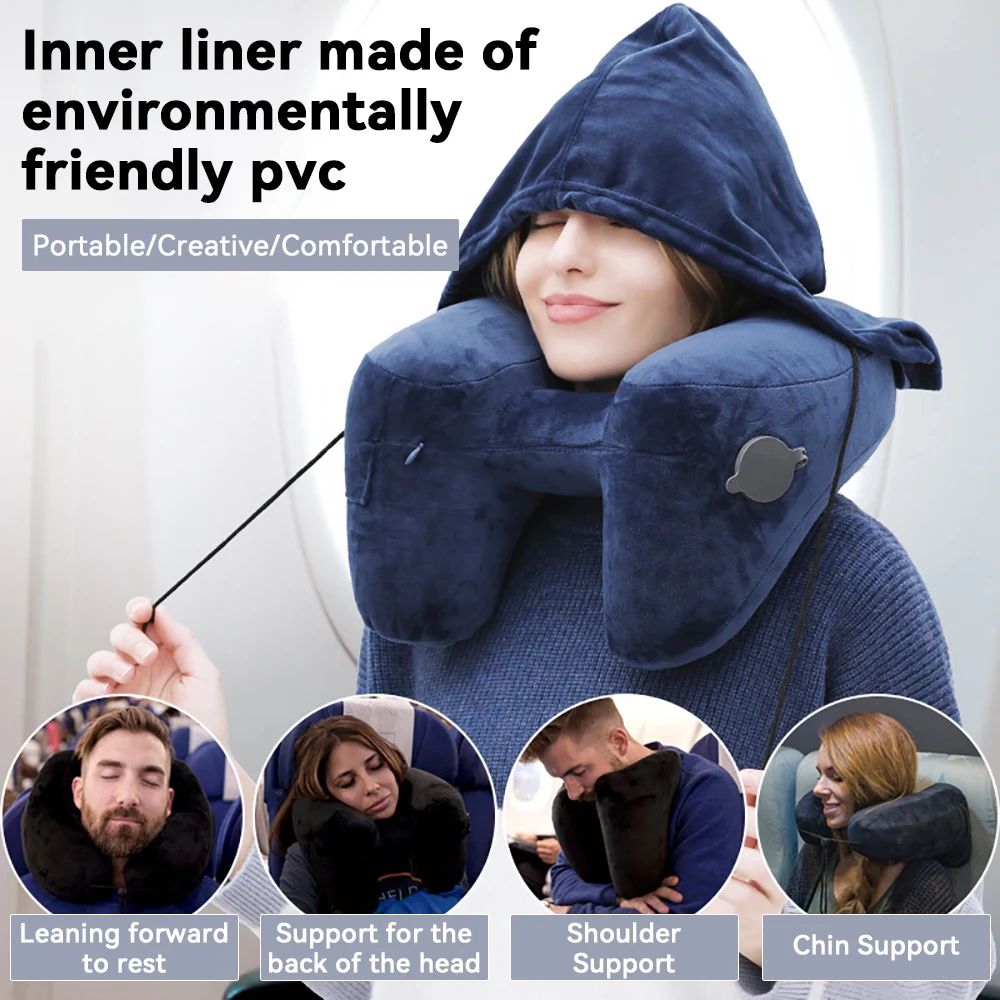 Neck Pillow Travel U-shaped Pillow Inflatable Pillow H Hooded Nap Pillow Outdoor Car Long-Distance Aircraft Neck Pillow