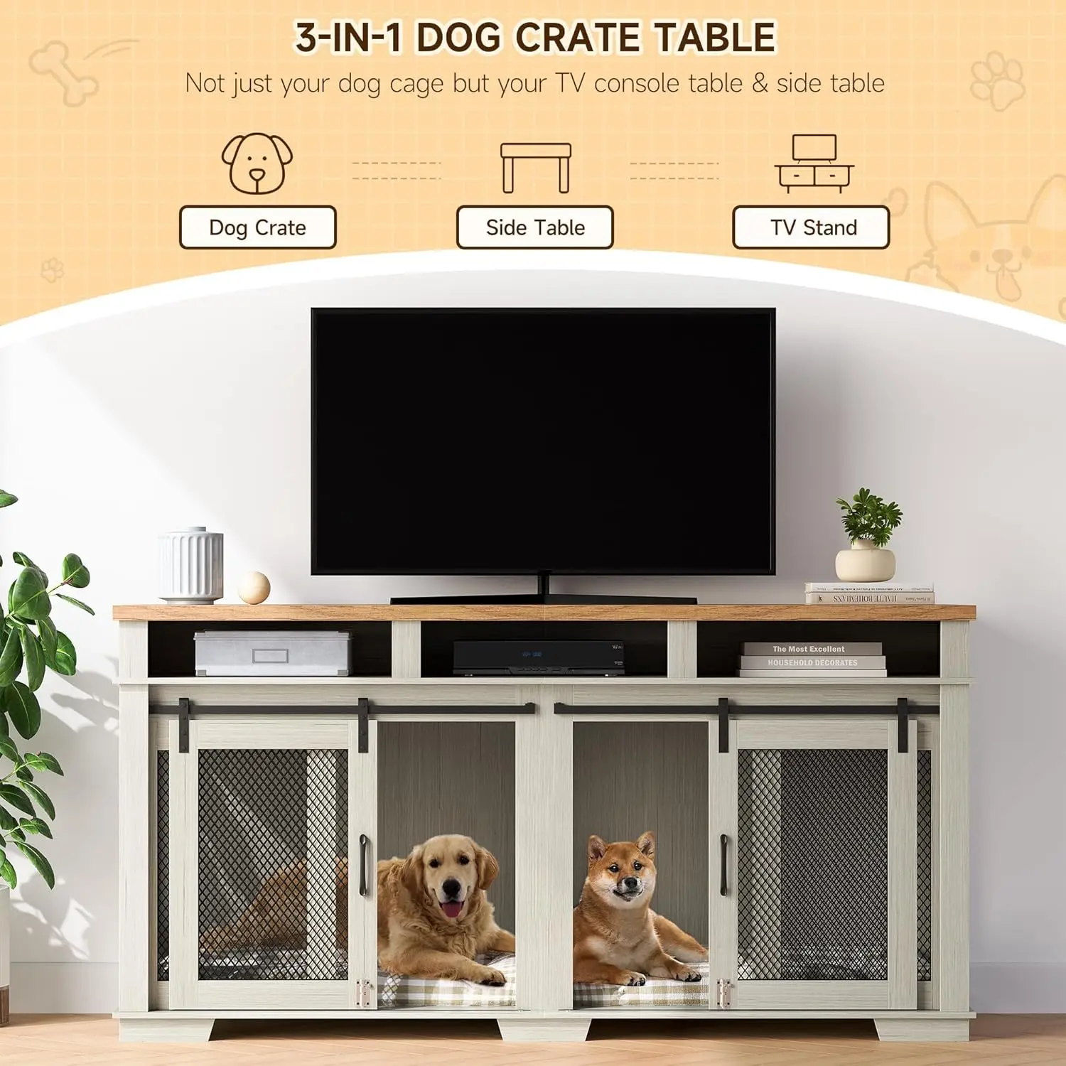 Heavy Duty Dog Kennel with Removable Divider for Large Dog, Versatile Dog House with Sliding Door, , White/Light Oak