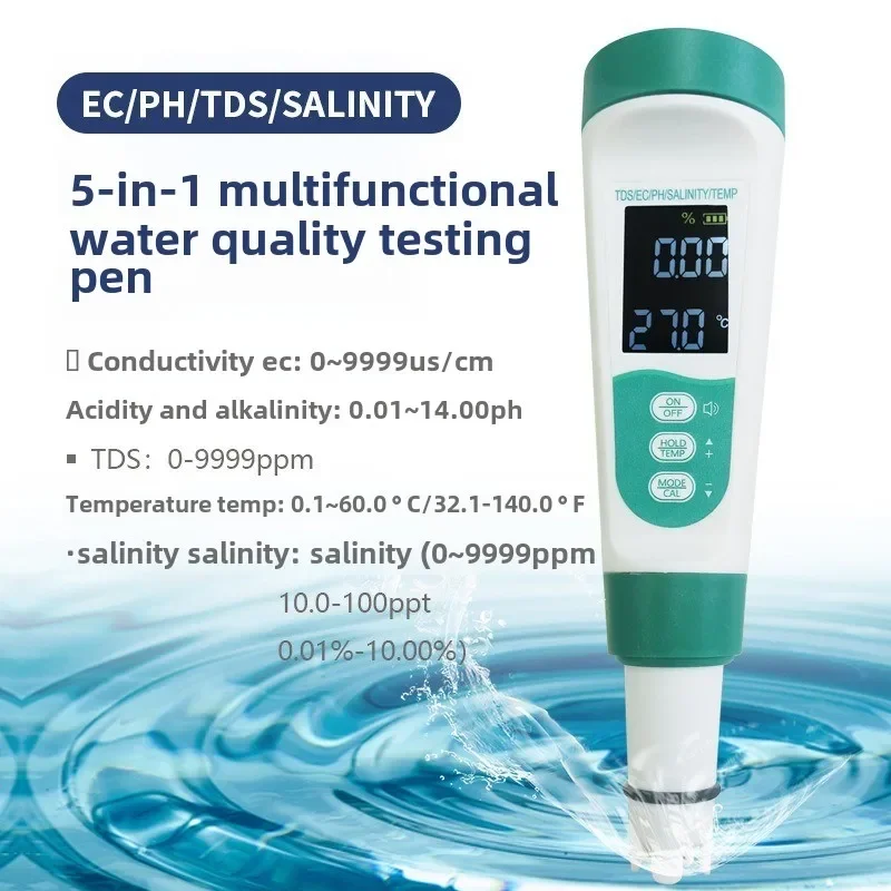 Water Quality Tester 5in1OEM Aquaculture Fish Tank Salinity Meter Ph Meter Ec PH Tds Voice Water Quality Test Pen