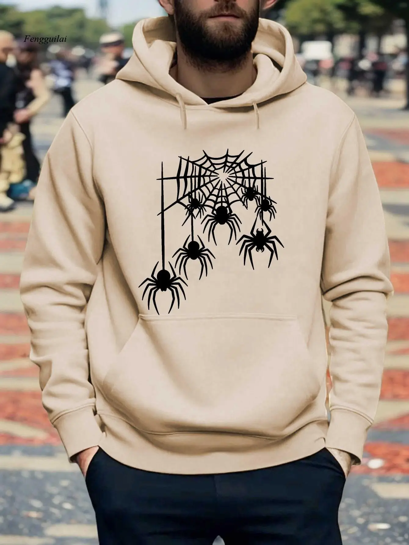 Sudadera con capucha de forro polar con estampado de telaraña gótica y murciélago - Beige con diseño de araña negra, acogedor jersey de forro polar