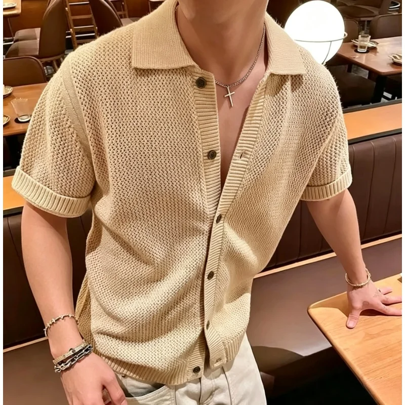 2026 Summer American Vintage Thin Breathable Hollow Out Knit Cardigan, Old School Textured Short Sleeve Shirt for Men
