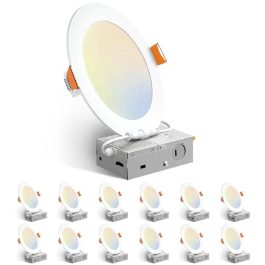 

12 Pack CCT Ultra-Thin LED Recessed Ceiling Light with Junction Box, 100LM Brightness, Dimmable Canless Wafer Downlight, 12W, E