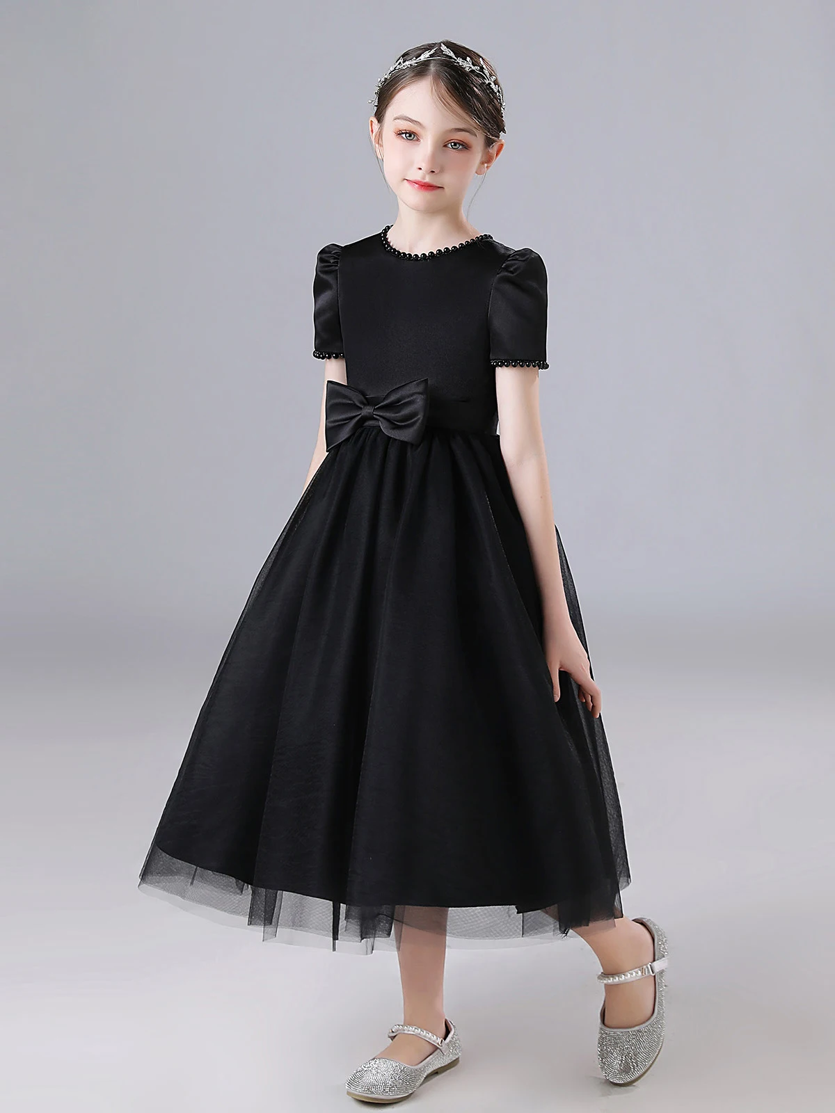 High end satin sheer black dress, formal party dress, children\'s and girls\' birthday concert, youth bridesmaid ，custom dress