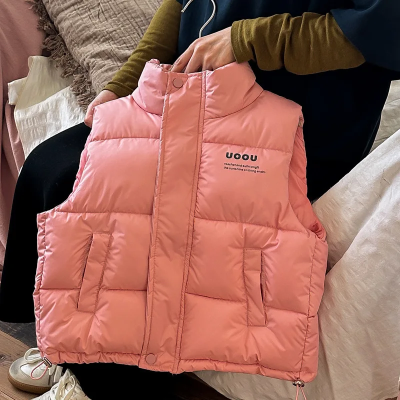 Girls Vest Autumn Winter Solid Color Letter Print Thick Warm Stand Collar Zipper Waistcoat For 4-10Years Boys Cotton Jacket  125