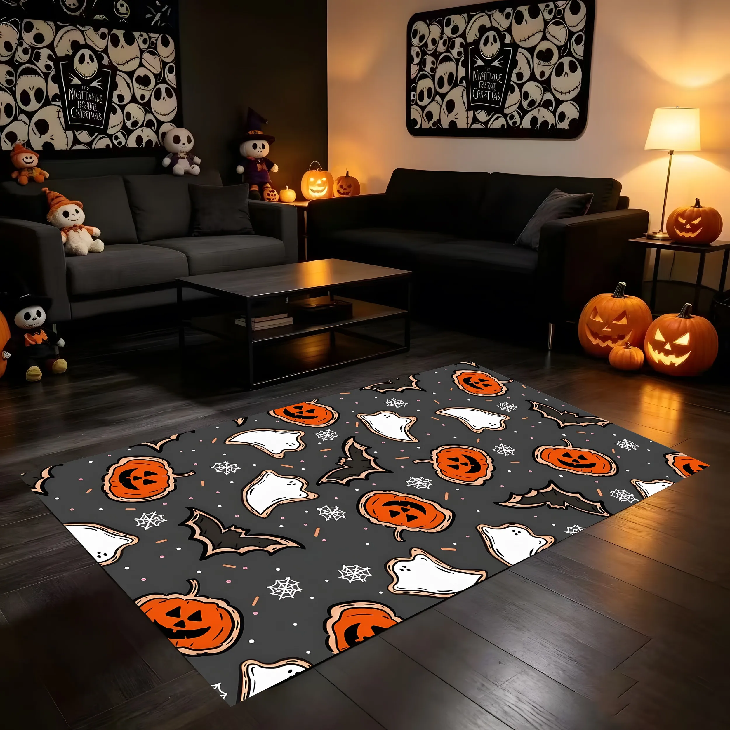Velvet Halloween Pumpkin Lamp Fun 2D Rug for Living Room and Bedroom, Autumn/Winter Warm Soft