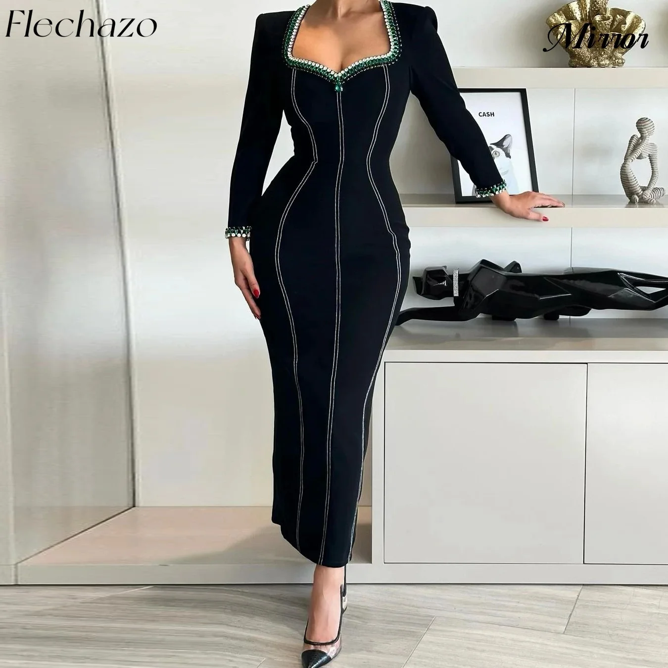 

Flechazo Black Sheath Evening Dresses Square Neck Crystal Bead Elegant Formal Party Dress For Women 2024 vestidos de noche