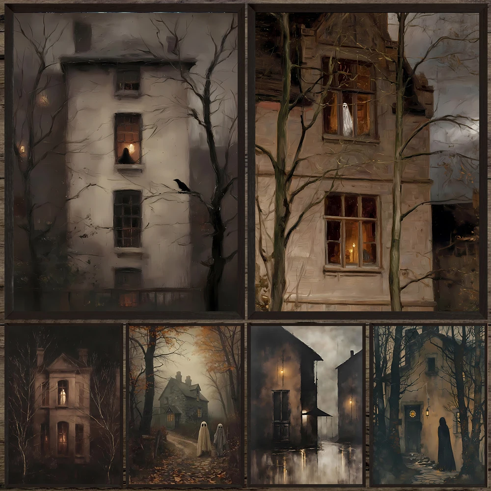 Haunted House And Ghost Gothic Spooky Wall Art Canvas Painting,Victorian Window Creepy Crow Eerie Ghost Vintage Art Poster Print