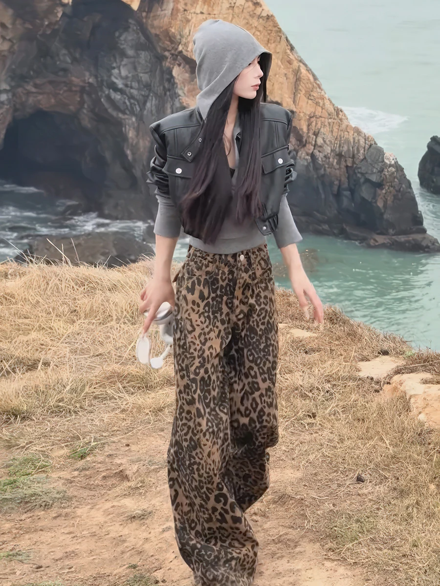 

American Retro Street Sle Spring Faion Set Leopard Print ort Jaet Hooded Top with Jeans Tee Piece Women's Suit