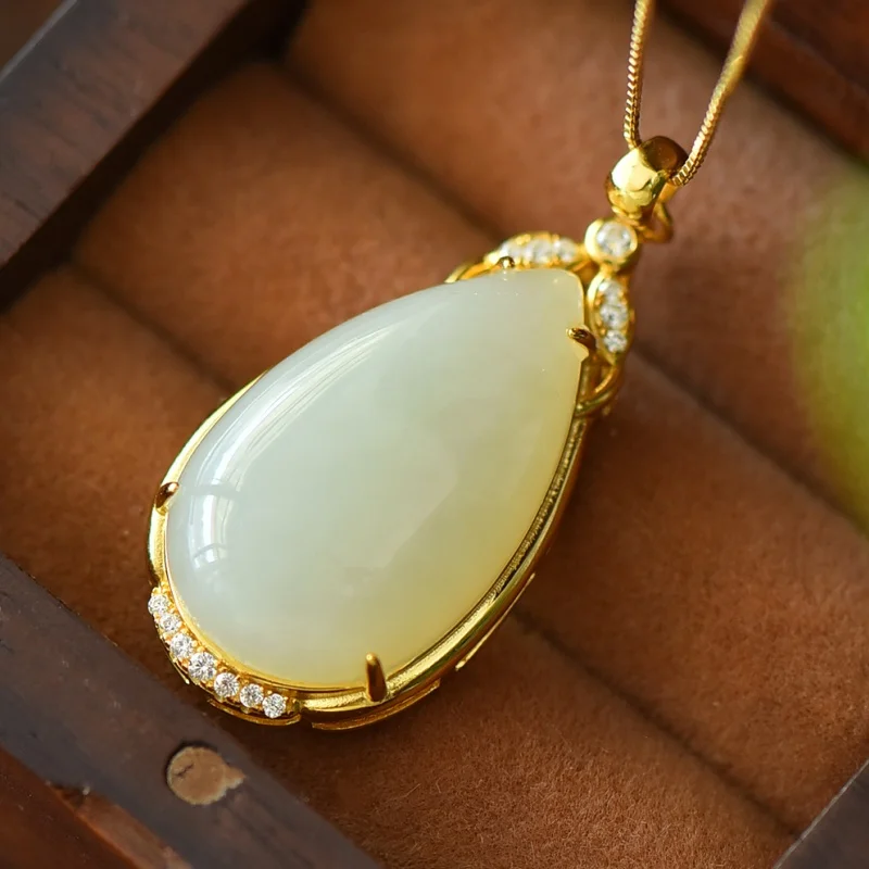 SGARIT Authentic Jadeite Hetian Jade S925 Silver 17*39mm Teardrop Pendant Fine Carving Symbolizes Gathering Water as Wealth