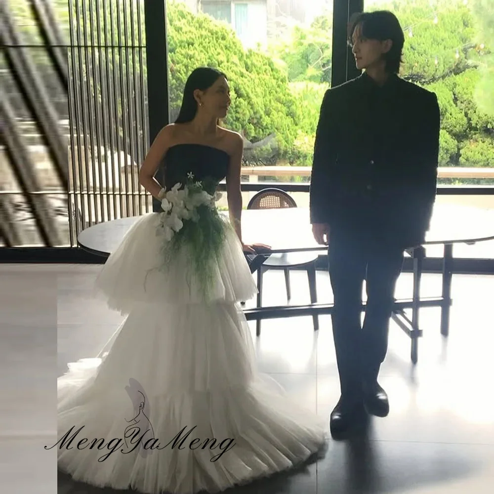 Strapless Contrast Korea Wedding Dresses A-Line Tiered Silk Tulle Photo Shoot Customized Bridal Party Gown 웨딩드레스